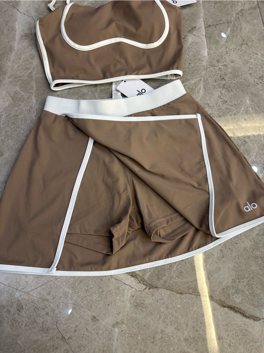ALO Yoga Tan and White Backless Crop Top & Skirt Set - Picture 5 of 7